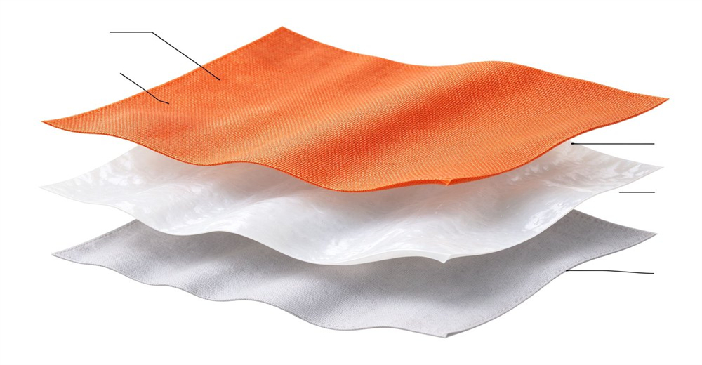 Three layer structure diagram of fire rescue suit showing outer aramid fabric waterproof PTFE membrane and thermal comfort liner separated layers