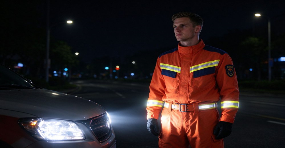 Night time visibility demonstration of 3M reflective tape on orange fire rescue suit illuminated by car headlights on dark urban road