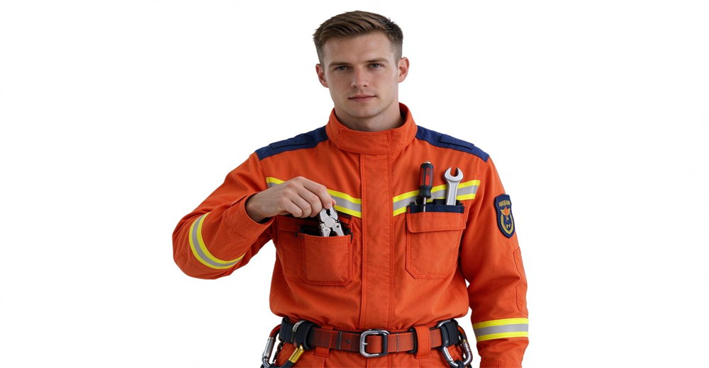 Real caucasian male firefighter no helmet full face visible, showing multi-pocket tool carrying system of orange fire rescue suit for technical rescue, multi-tool pliers screwdriver wrench in chest pockets, safety rope on belt, white background Real caucasian male firefighter no helmet full face visible, showing multi-pocket tool carrying system of orange fire rescue suit for technical rescue, multi-tool pliers screwdriver wrench in chest pockets, safety rope on belt, white background