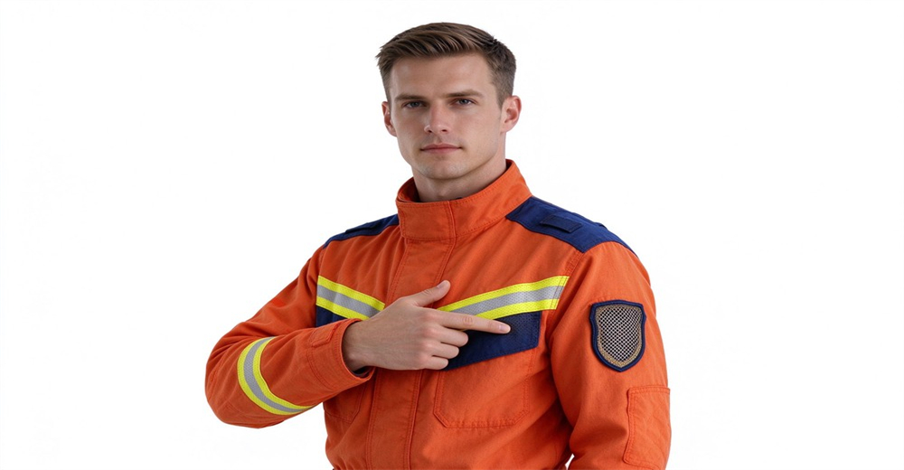 Caucasian male firefighter pointing at underarm mesh ventilation panel of orange summer lightweight fire rescue suit for technical rescue, breathable fabric detail, white background, wholesale rescue uniform Caucasian male firefighter pointing at underarm mesh ventilation panel of orange summer lightweight fire rescue suit for technical rescue, breathable fabric detail, white background, wholesale rescue uniform