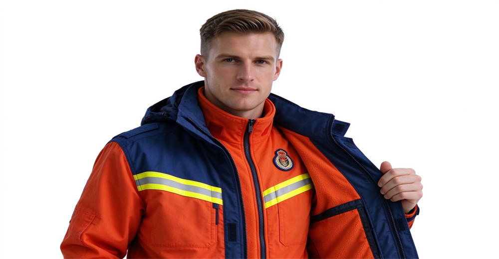 Rescue worker opening winter fire rescue suit to show three layer construction with waterproof inner liner and thermal fleece for cold weather