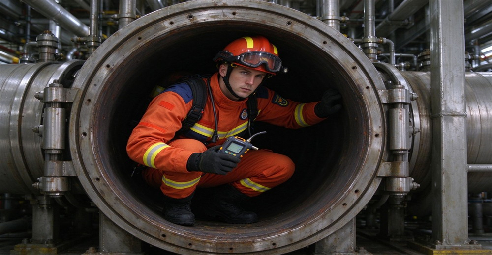 Firefighter in orange fire rescue suit preparing for confined space entry inside large industrial pipe holding portable gas detector, technical rescue operations protective gear