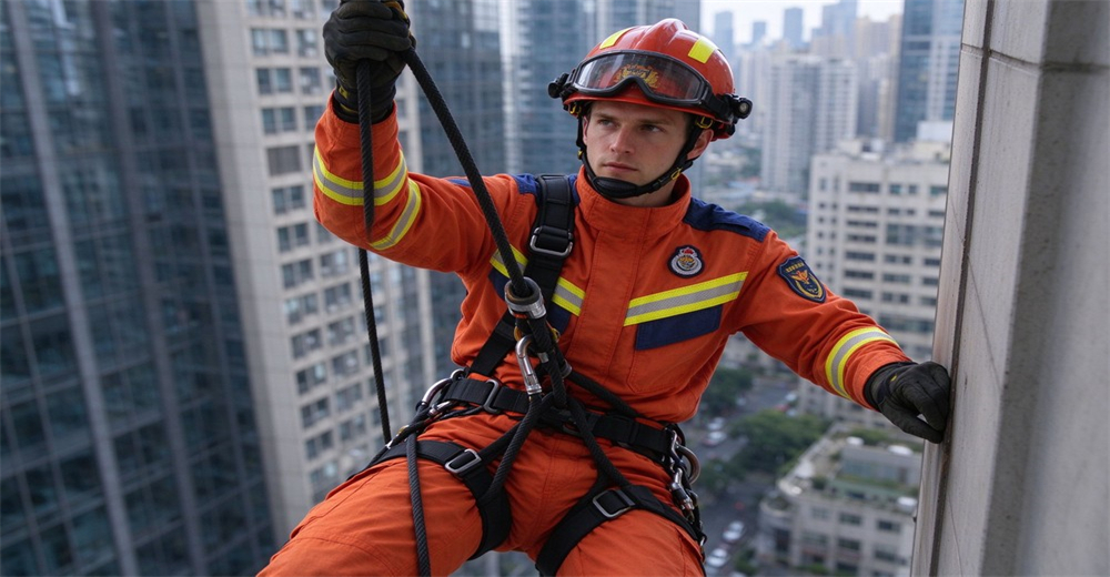 Rescuer in orange uniform performs high rise rope rescue operation with harness and safety helmet Rescuer in orange uniform performs high rise rope rescue operation with harness and safety helmet