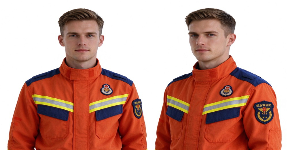 Two firefighters in orange fire rescue suit front and side view full body on white background, aramid fabric GA633 certified for wholesale bulk orders