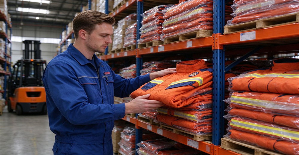 Warehouse worker in blue uniform checking inventory of packaged orange fire rescue suits on warehouse shelves with forklift in background Warehouse worker in blue uniform checking inventory of packaged orange fire rescue suits on warehouse shelves with forklift in background