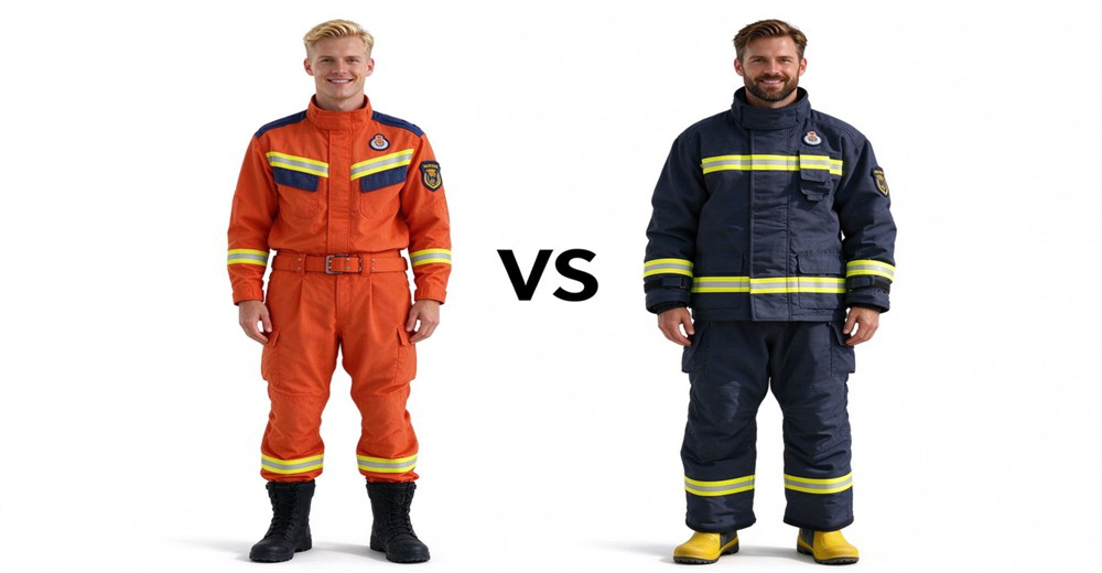 Two real caucasian male firefighters with different faces no helmet, blonde smiling vs bearded brunette, wearing orange technical fire rescue suit vs navy structural firefighting turnout gear, side by side VS comparison, white background, wholesale protective clothing