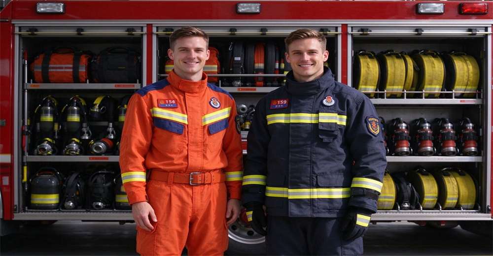 Two firefighters standing side by side one in orange fire rescue suit and one in navy structural turnout gear in front of fire truck showing mixed department equipment configuration Two firefighters standing side by side one in orange fire rescue suit and one in navy structural turnout gear in front of fire truck showing mixed department equipment configuration