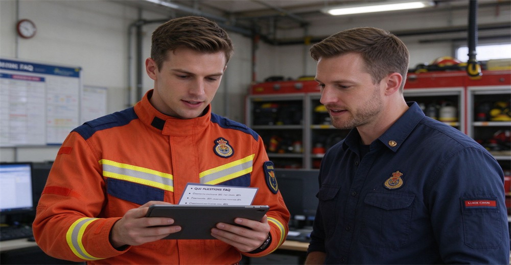 Firefighter in orange fire rescue suit showing FAQ list on tablet to customer in fire station office, wholesale consultation and technical support for fire rescue suit orders Firefighter in orange fire rescue suit showing FAQ list on tablet to customer in fire station office, wholesale consultation and technical support for fire rescue suit orders