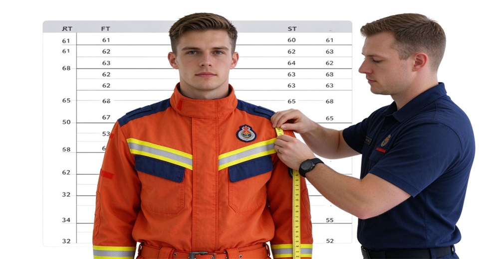 Firefighter in orange fire rescue suit being measured for chest circumference by tailor with soft tape in front of height chart, uniform fitting and sizing guide for wholesale orders Firefighter in orange fire rescue suit being measured for chest circumference by tailor with soft tape in front of height chart, uniform fitting and sizing guide for wholesale orders