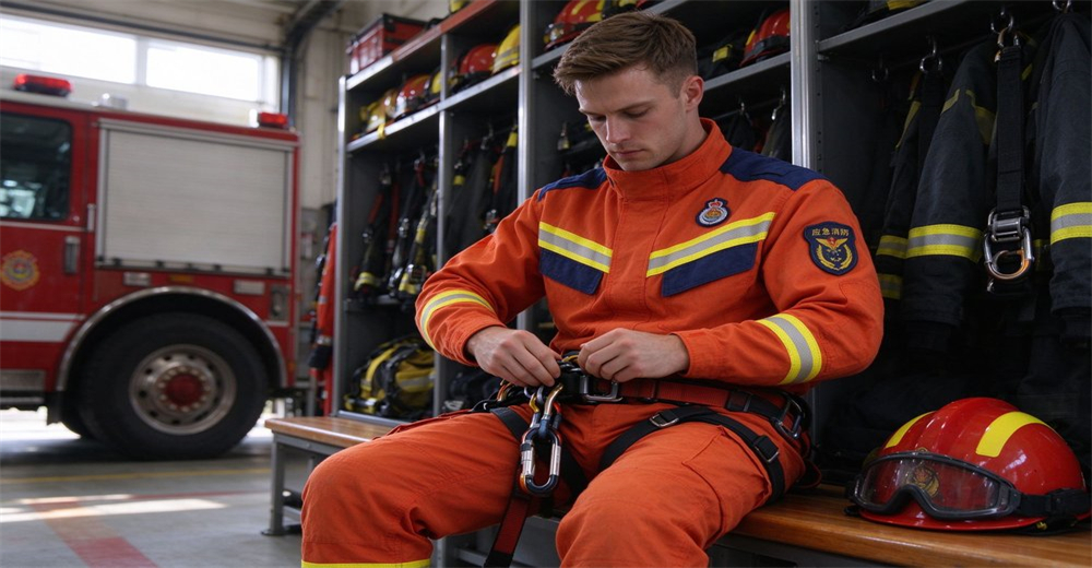 Caucasian male rescue worker sitting on bench in fire station locker room organizing safety rope and carabiners on orange fire rescue suit Caucasian male rescue worker sitting on bench in fire station locker room organizing safety rope and carabiners on orange fire rescue suit