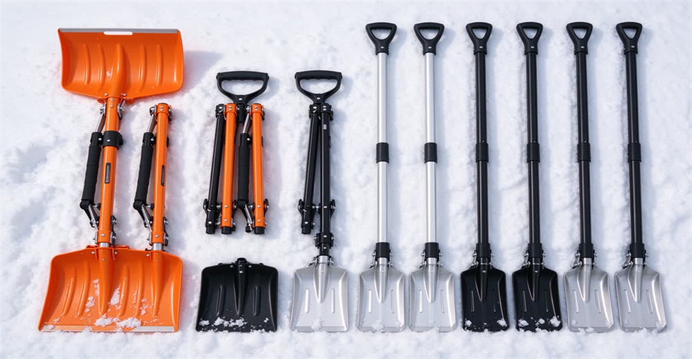 Front view of orange aluminum avalanche shovel with foldable handle showing essential snow shovel for rescue Front view of orange aluminum avalanche shovel with foldable handle showing essential snow shovel for rescue