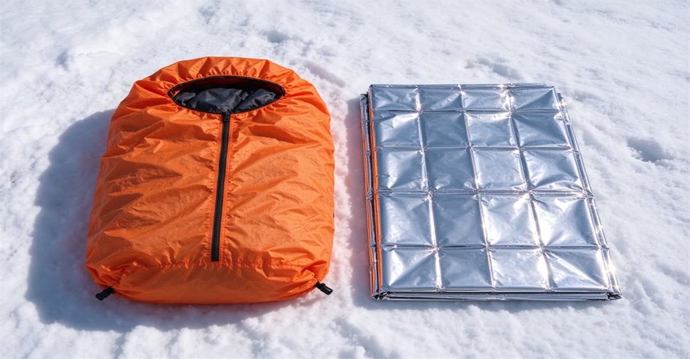 Front view of red emergency bivy sack and expedition sleeping bag showing cold weather survival shelter Front view of red emergency bivy sack and expedition sleeping bag showing cold weather survival shelter
