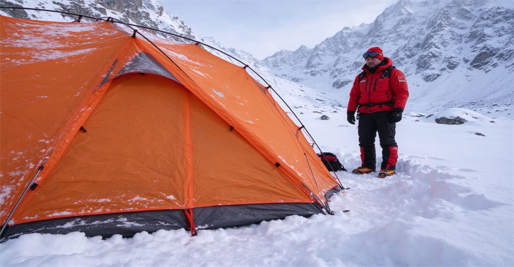 Wide view of orange emergency bivouac tent pitched on snowy mountain showing avalanche survival shelter