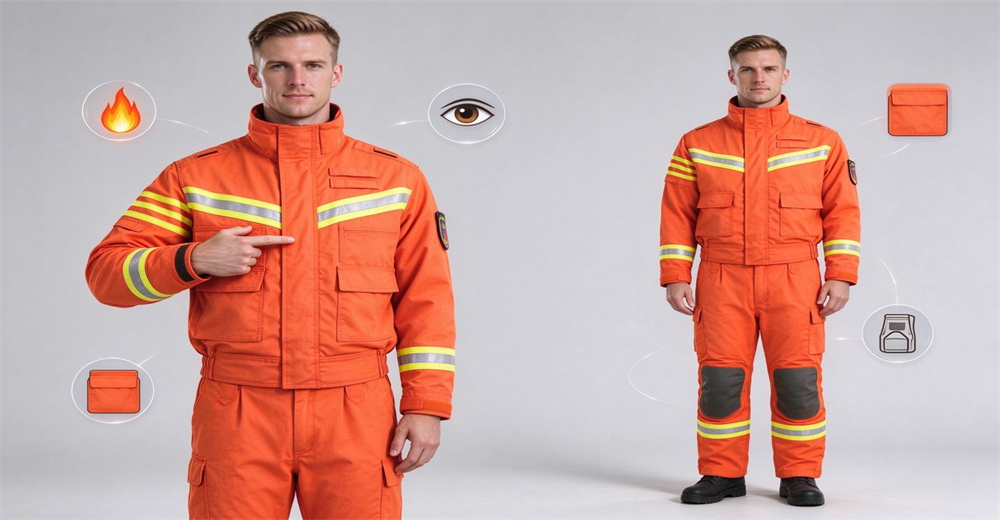 Orange rescue suit with reflective strips displayed alongside functional feature icons for emergency protection
