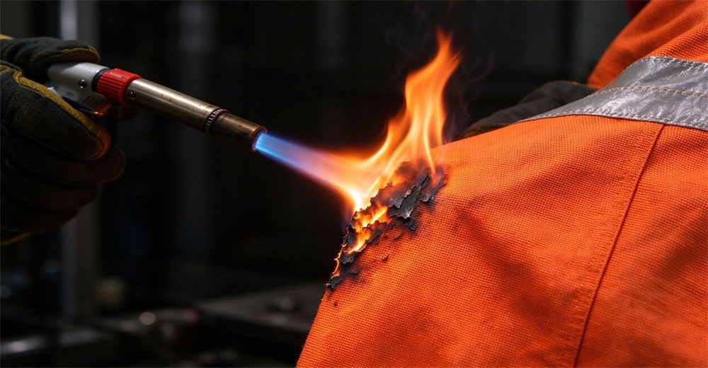 Flame torch applied to orange fire resistant rescue garment fabric for flame retardant performance verification test