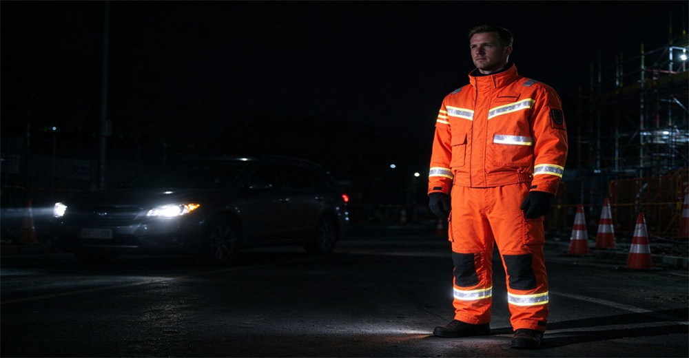 Rescuer stands on site at night wearing orange rescue suit with high visibility reflective strips for low light emergency operations