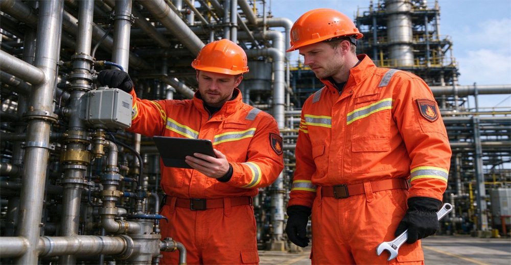 Two workers in orange protective suits and safety helmets inspect industrial pipeline equipment and check data on tablet Two workers in orange protective suits and safety helmets inspect industrial pipeline equipment and check data on tablet