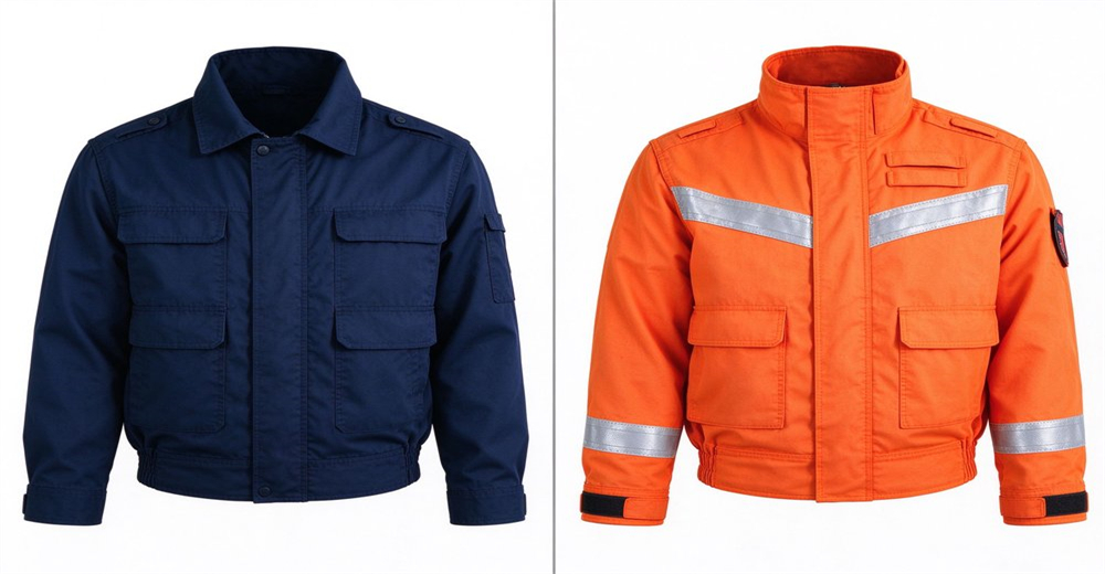 Side by side view of two work jackets navy plain style and orange rescue jacket fitted with reflective strips and multiple functional pockets