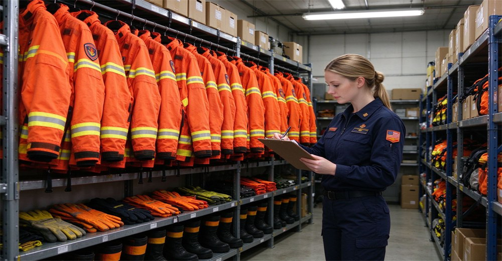 Female staff member checks inventory with clipboard beside neatly hung orange reflective rescue suits and stacked protective gear inside equipment storage room