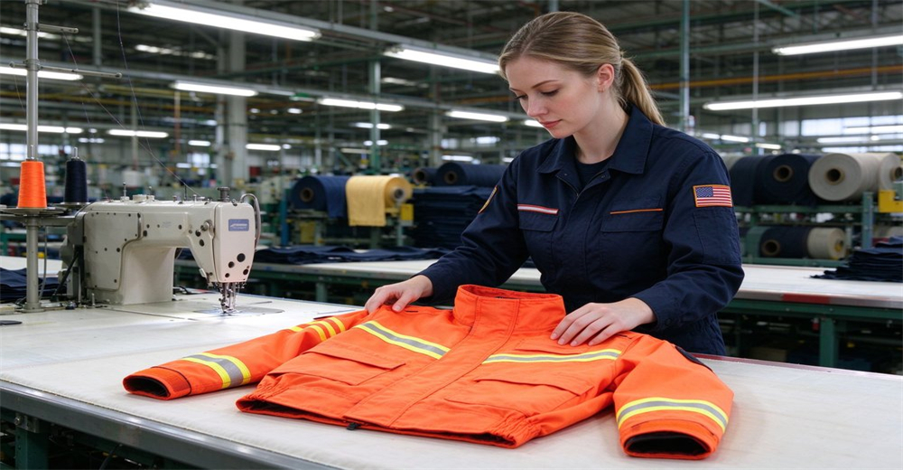 Factory worker examines finished orange rescue jacket with reflective strips on work table beside industrial sewing machine in garment production workshop
