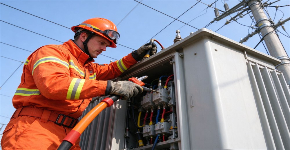 Technician in orange reflective protective suit performs maintenance work on outdoor electrical transformer equipment