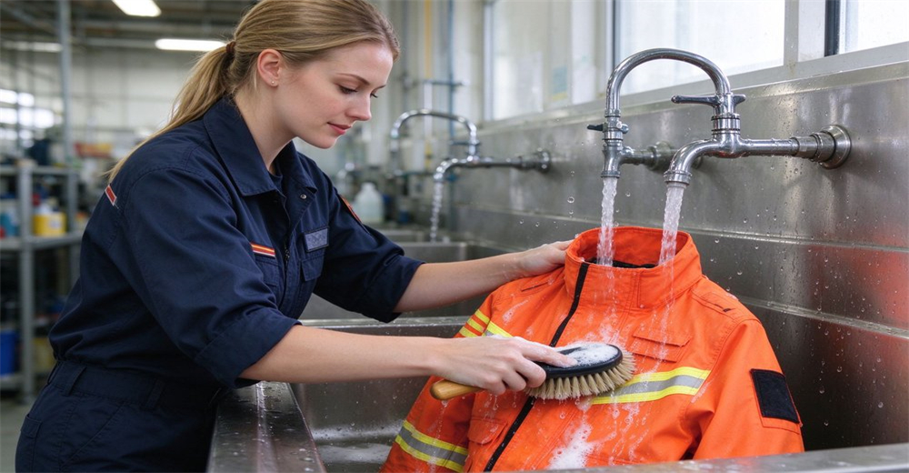 Cleaning process for orange reflective rescue jacket at stainless steel wash station Cleaning process for orange reflective rescue jacket at stainless steel wash station