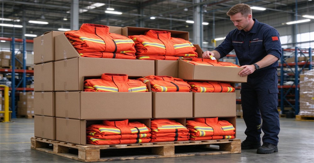 Stacked cartons filled with folded orange reflective rescue suits on warehouse pallet for shipment