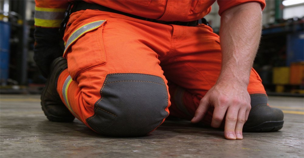 Durable reinforced knee pad section on orange rescue trousers with reflective tape along cargo pocket Durable reinforced knee pad section on orange rescue trousers with reflective tape along cargo pocket