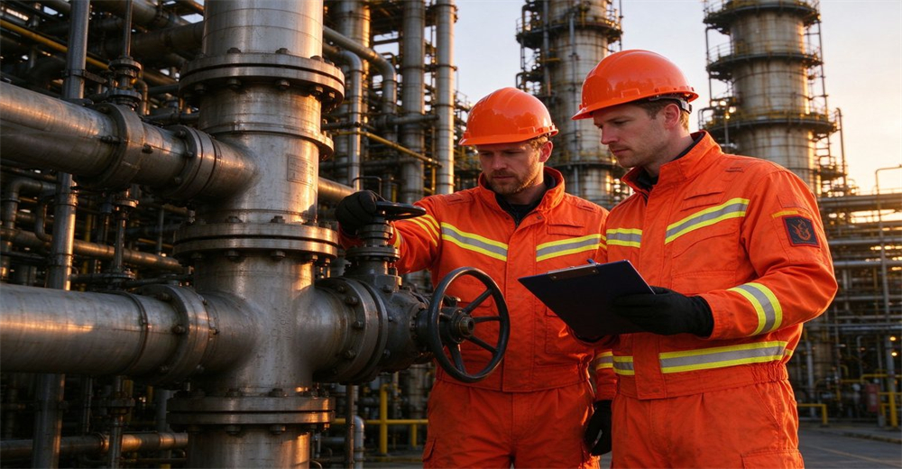 Two site inspectors in orange reflective rescue suits review inspection records beside industrial pipeline valves Two site inspectors in orange reflective rescue suits review inspection records beside industrial pipeline valves