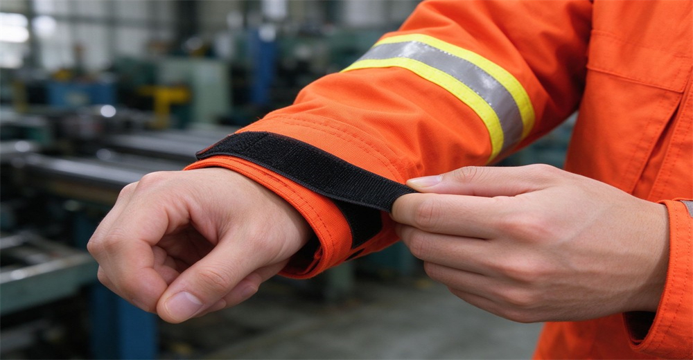 Adjustable hook and loop cuff on orange rescue jacket sleeve with high visibility reflective tape Adjustable hook and loop cuff on orange rescue jacket sleeve with high visibility reflective tape