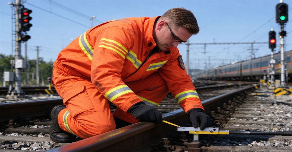 Railway maintenance worker in orange reflective rescue suit uses measuring tool to inspect rail track on railway site Railway maintenance worker in orange reflective rescue suit uses measuring tool to inspect rail track on railway site