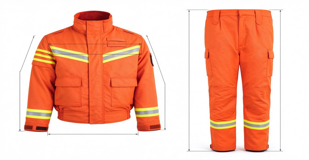 Orange rescue suit jacket and trousers set with high visibility reflective strips and dimension marking lines Orange rescue suit jacket and trousers set with high visibility reflective strips and dimension marking lines