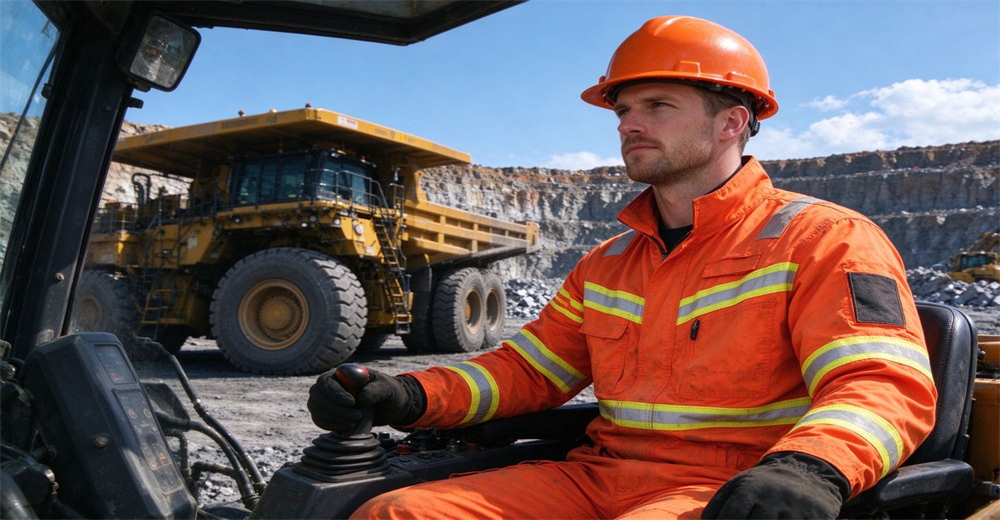 Site operator wearing orange reflective rescue suit and safety helmet operates heavy equipment at open quarry worksite Site operator wearing orange reflective rescue suit and safety helmet operates heavy equipment at open quarry worksite