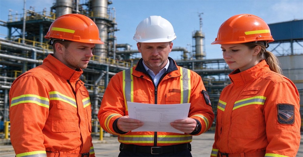 Three site personnel in orange reflective rescue suits and safety helmets review work documents together at industrial processing facility