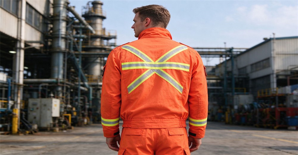 Back view of worker wearing orange rescue jacket with cross shaped high visibility reflective strips at industrial site Back view of worker wearing orange rescue jacket with cross shaped high visibility reflective strips at industrial site