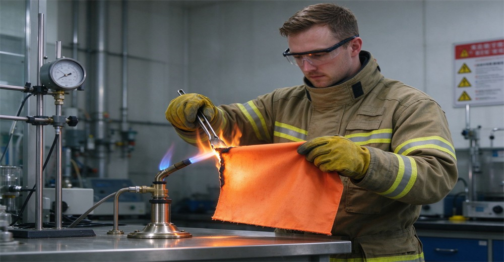 Lab technician tests flame resistance of fire resistant fabric sample with gas torch in material testing laboratory Lab technician tests flame resistance of fire resistant fabric sample with gas torch in material testing laboratory
