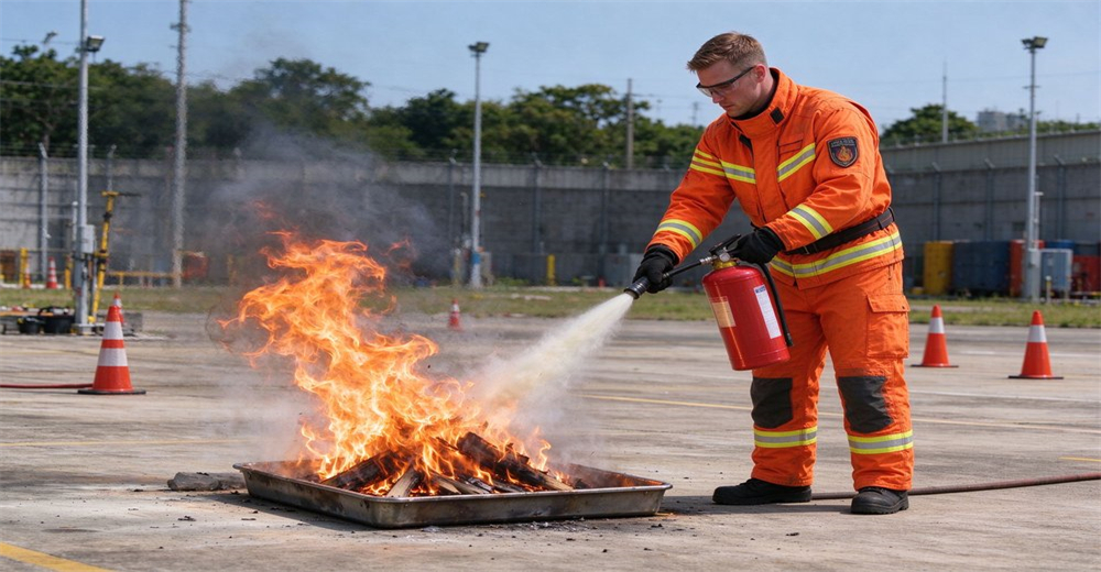 Rescue worker in orange reflective protective suit uses portable fire extinguisher to put out open flame during outdoor drillRescue worker in orange reflective protective suit uses portable fire extinguisher to put out open flame during outdoor drill Rescue worker in orange reflective protective suit uses portable fire extinguisher to put out open flame during outdoor drillRescue worker in orange reflective protective suit uses portable fire extinguisher to put out open flame during outdoor drill