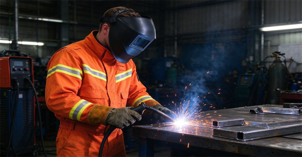 Welder wearing orange reflective work suit and welding helmet performs metal welding inside industrial workshop Welder wearing orange reflective work suit and welding helmet performs metal welding inside industrial workshop