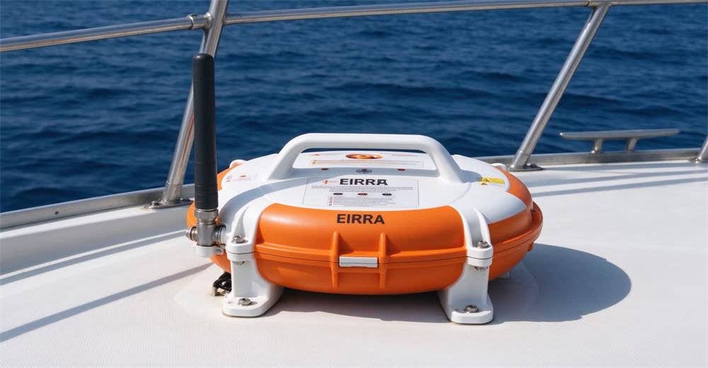Front view of orange marine EPIRB emergency radio beacon showing satellite distress beacon for maritime communication