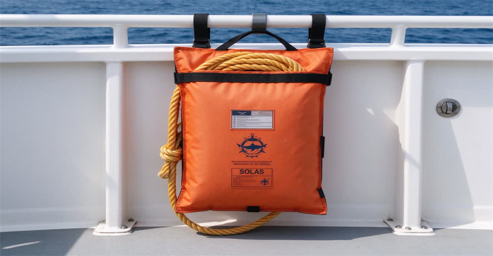 Front view of SOLAS-approved throwing rope line and quoit showing man overboard rescue equipment Front view of SOLAS-approved throwing rope line and quoit showing man overboard rescue equipment