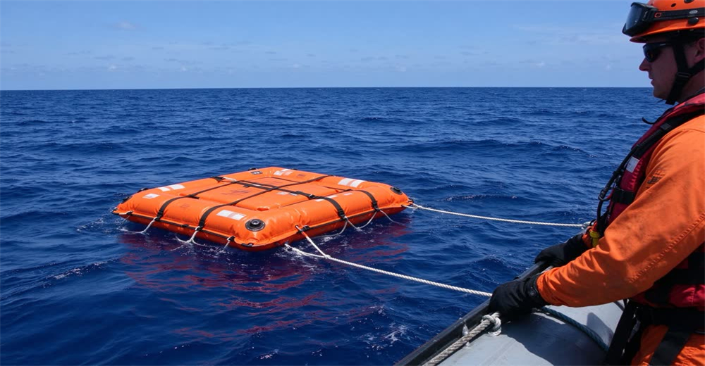 Wide view of person in orange life jacket clinging to floating survival pillow in open sea showing man overboard flotation Wide view of person in orange life jacket clinging to floating survival pillow in open sea showing man overboard flotation
