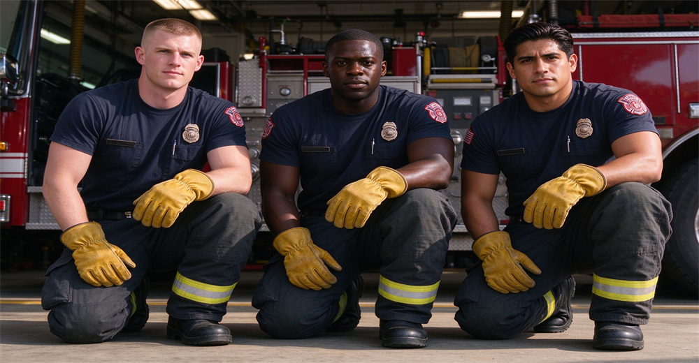Medium shot of three firefighters in turnout gear kneeling in front of a red fire truck, knee-up framing showing tan cowhide gloves and black leather boots clearly, three different faces, warm daylight