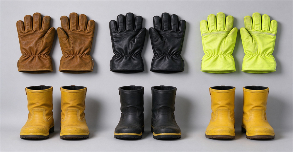 Top-down flat lay of three firefighting glove and boot color sets on light gray background: brown cowhide set, all-black set, and fluorescent yellow rescue set, studio lighting