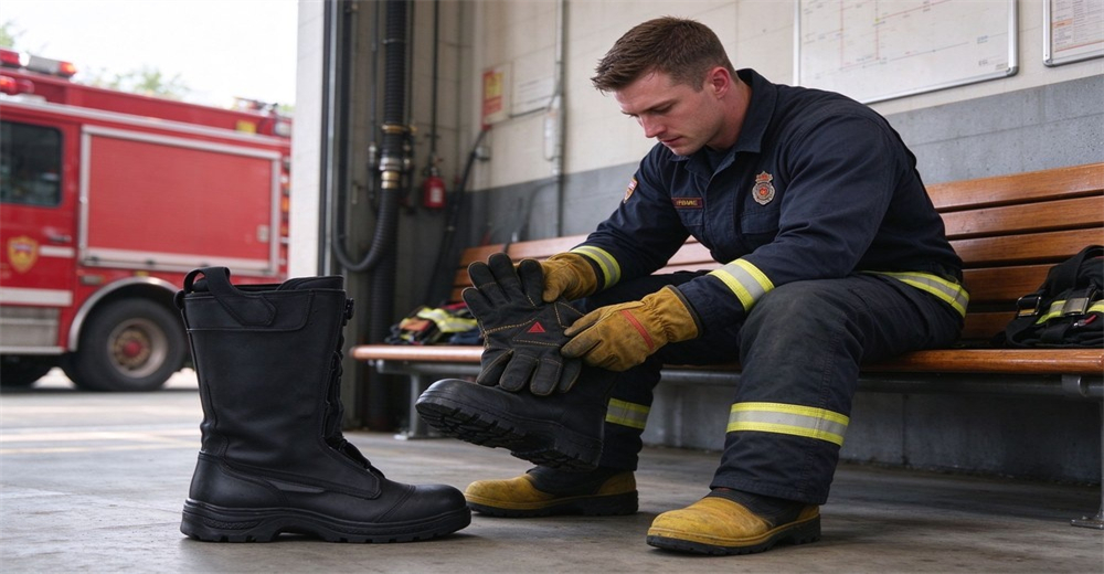 Pair of fluorescent yellow-green extrication rescue gloves showing black TPR knuckle impact protectors on the back and gray Cala-tech cut-resistant palm, light gray background