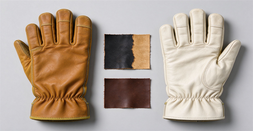 Complete matched firefighter gear flat lay on light gray background: fluorescent yellow rescue gloves, tan cowhide structural gloves, and black leather tall fire boots arranged side by side