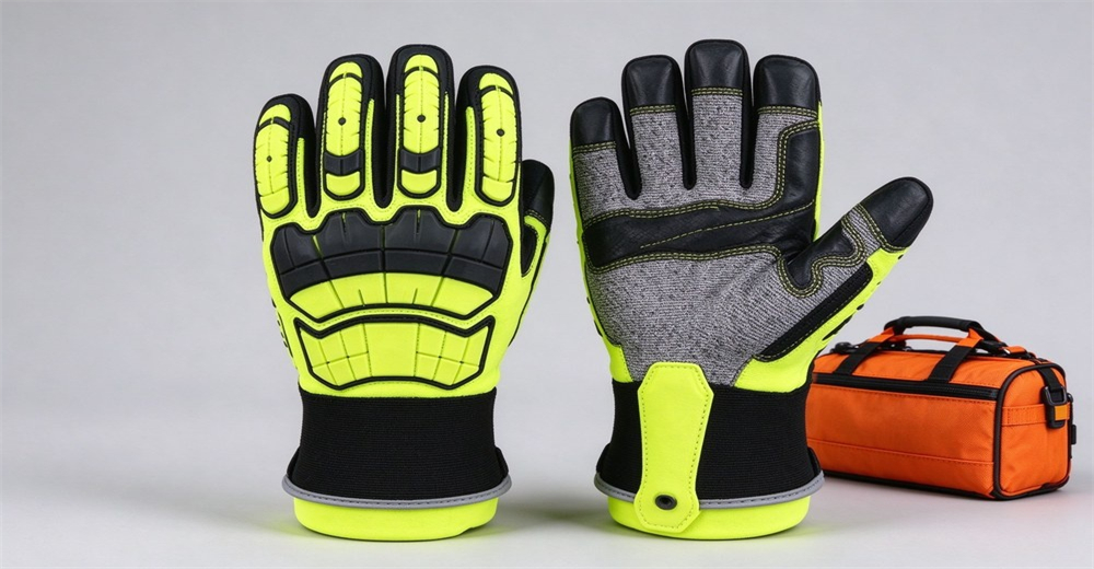 Pair of silver aluminized radiant heat reflective firefighter proximity gloves with tan cowhide palm patches and black knit cuffs, on light gray background, orange insulation block prop