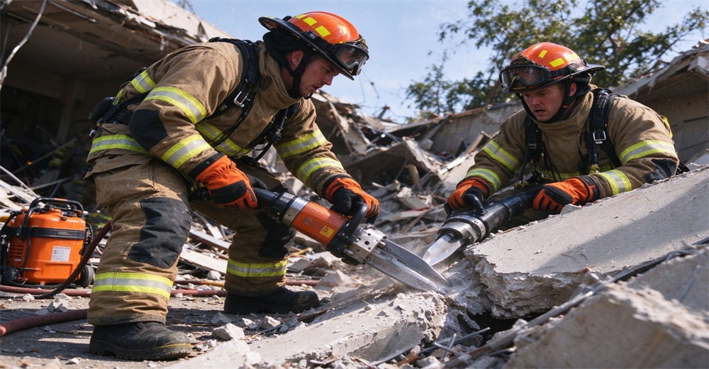 Two rescue workers in tan turnout gear using hydraulic spreader tools on concrete rubble at a collapsed structure scene, wearing orange extrication gloves and black boots, daytime outdoor