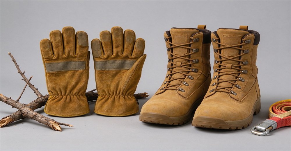 Sizing comparison flat lay showing four firefighter glove sizes S M L XL in tan and black on top row, and firefighter boots in EU sizes 36 through 47 on bottom row, with white size labels