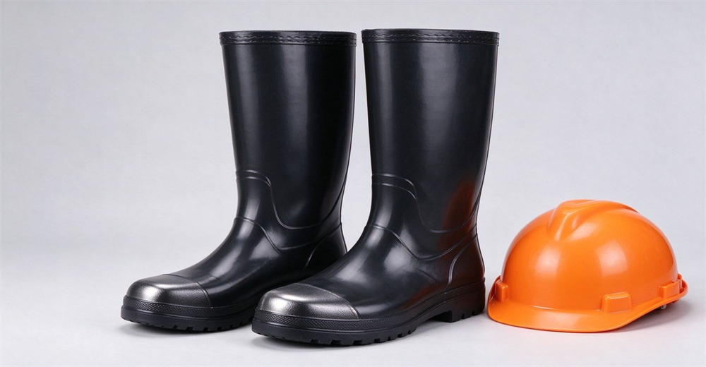 Asian female QC inspector in navy factory uniform examining a black leather firefighter boot at a stainless steel workbench, rows of yellow and black boots on shelves behind