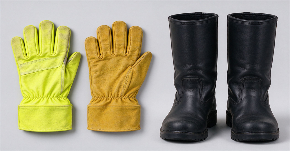 Lineup of firefighters in orange safety vests standing alongside a long table displaying rows of black leather boots and fluorescent yellow extrication gloves in a bright fire station bay